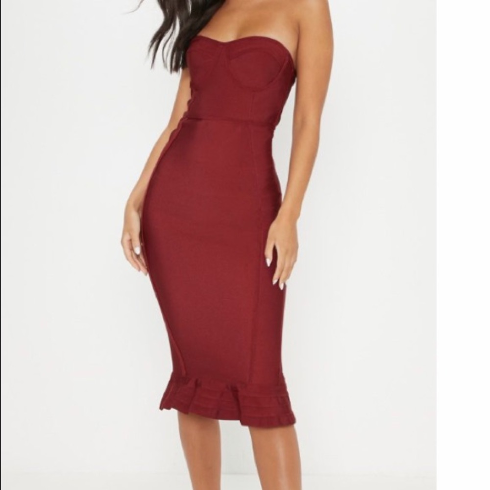 Dark Red Frill Hem Bandage Midi Dress